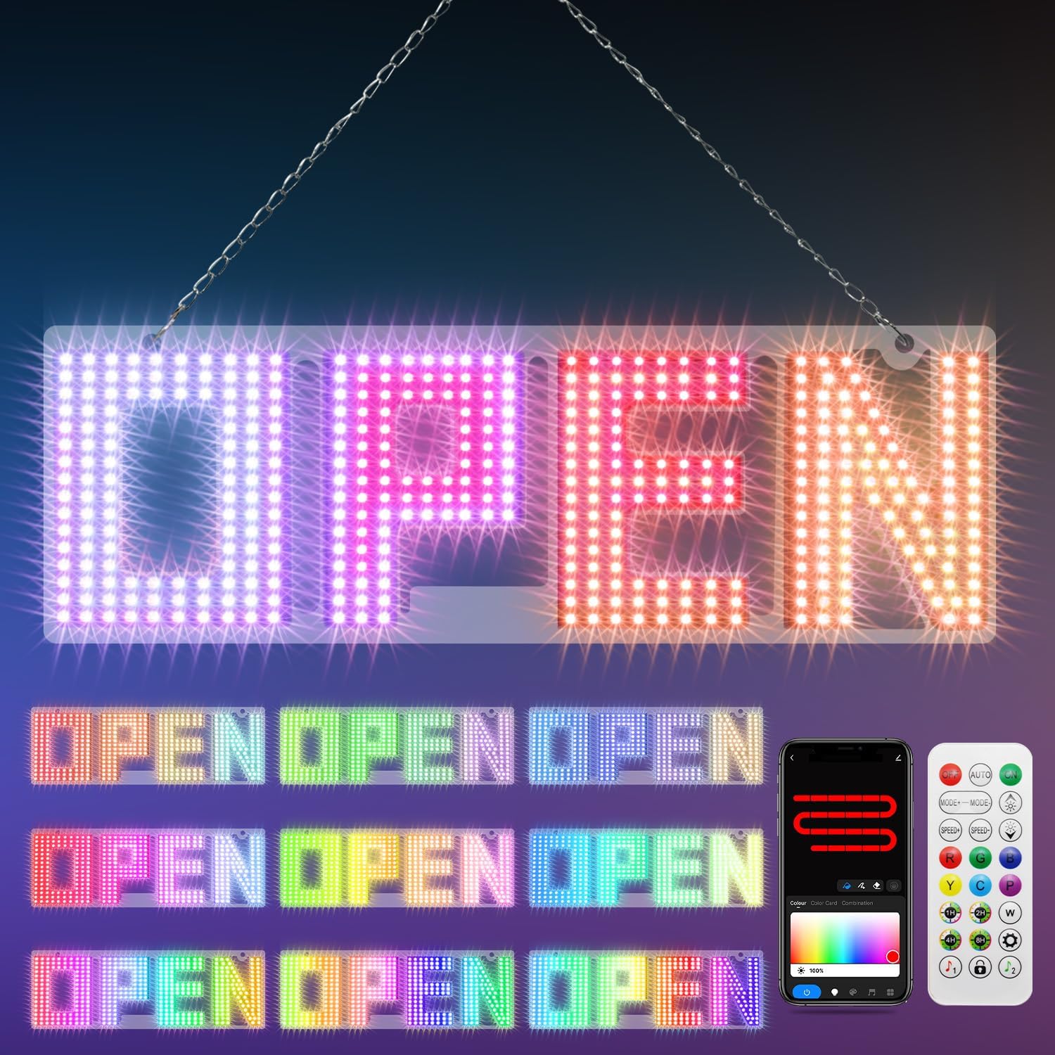 15"L x 5"W Small Multicolor LED Open Signs with Smart App, DIY Editor